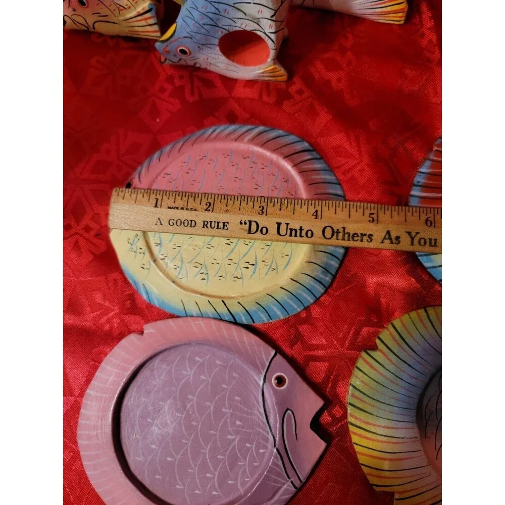 Hand Painted Wooden Fish Napkin Rings Home Decor Set of 6 with 4 Coasters